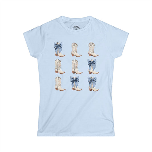 Cowgirl Boots & Blue Bows Tee — Women's Western Graphic Shirt